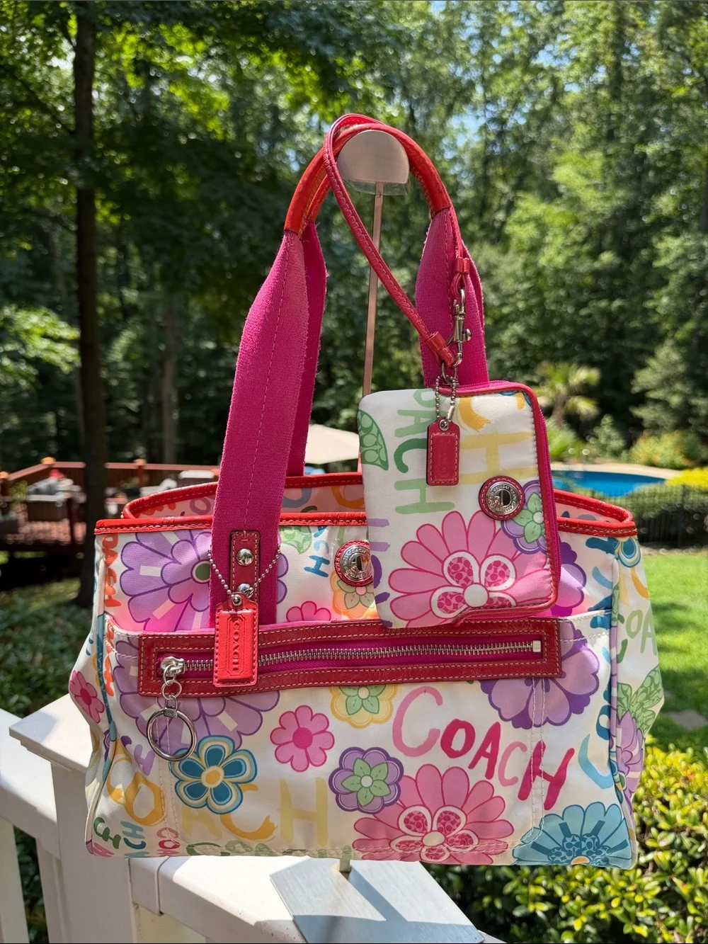 Coach 2010 Y2K Poppy Daisy Multicolor Floral Canvas Tote with Pink Handles SET